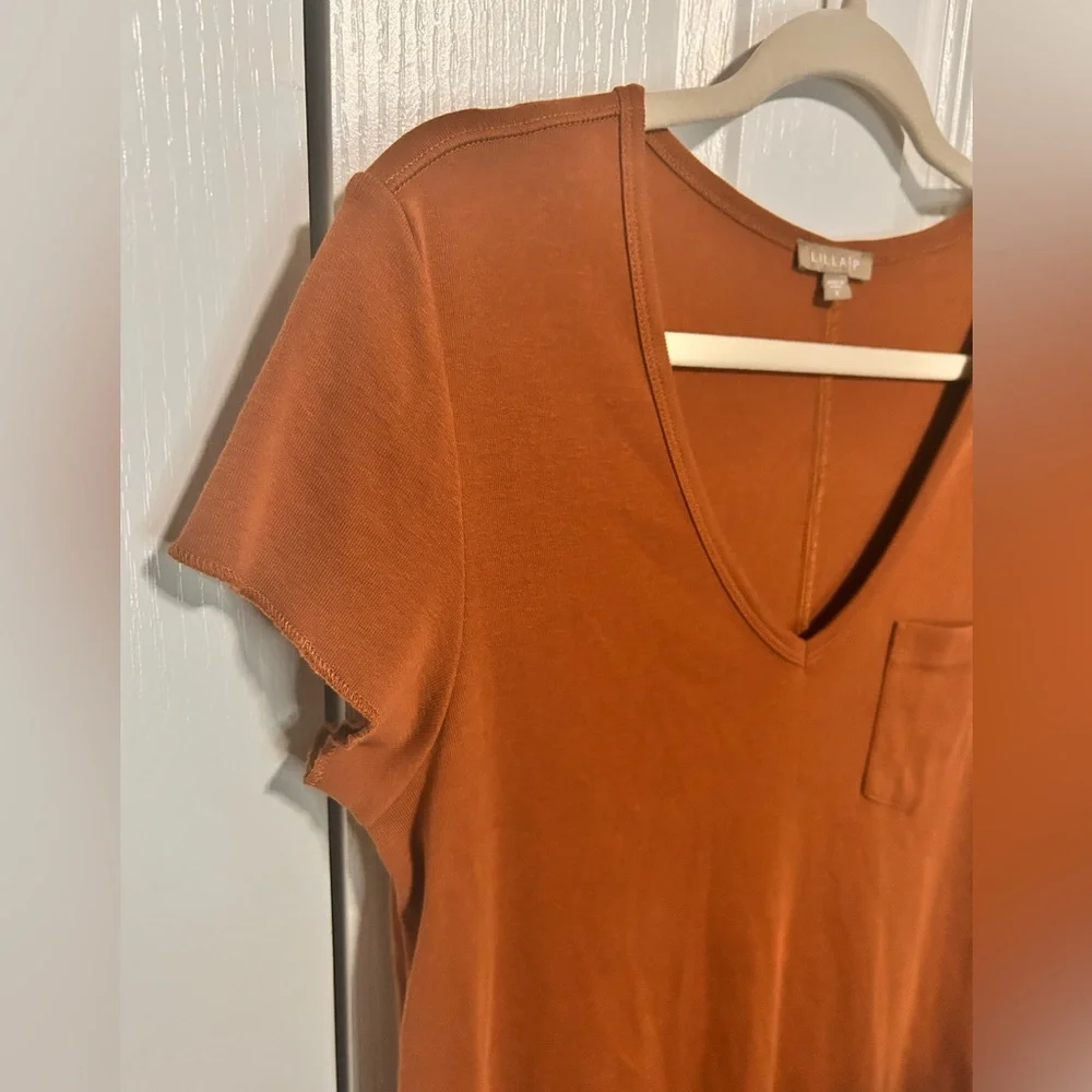 Lilla P Women’s Rust V-Neck Pocket T-Shirt Mini‎ Dress Small S Cotton Minimalist